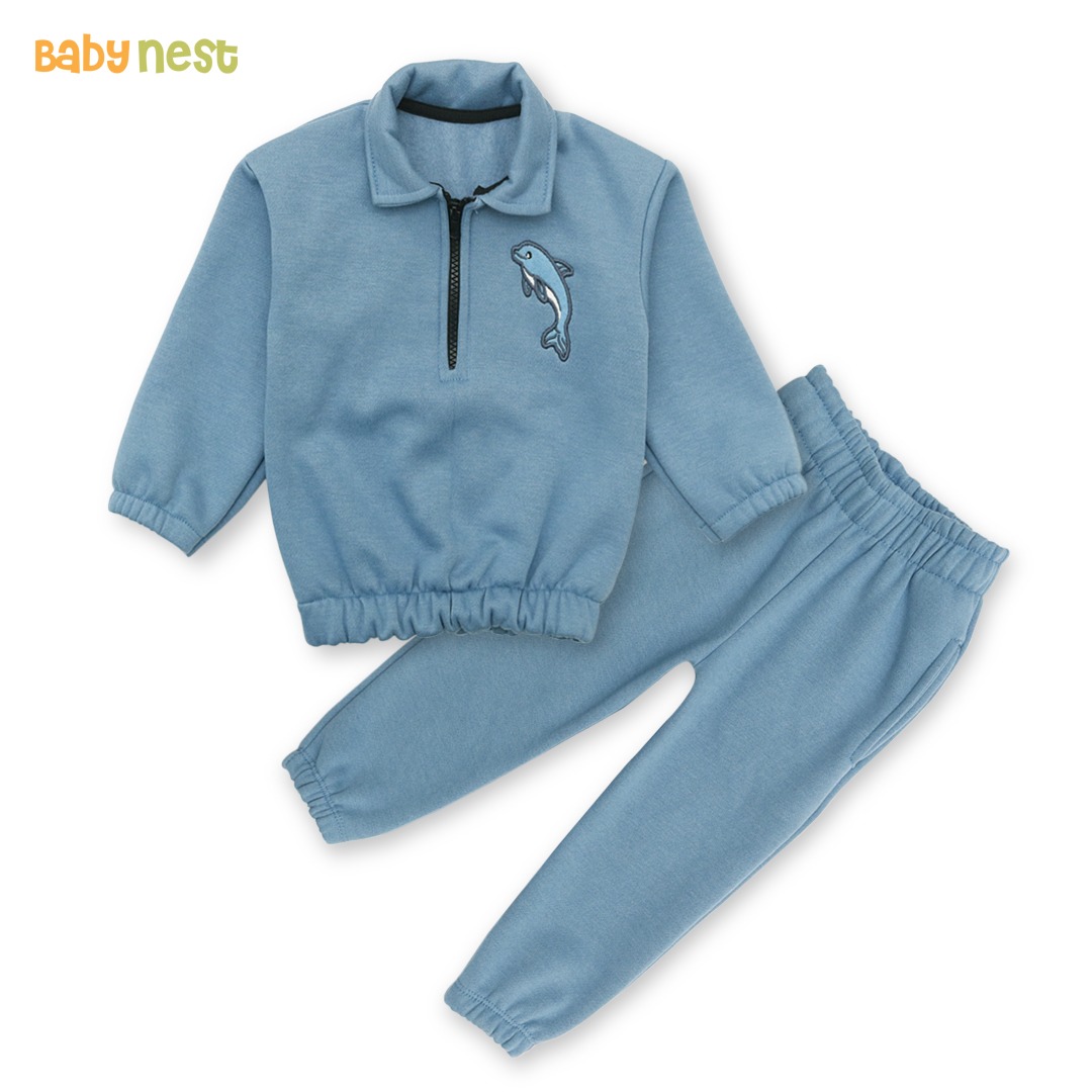 Embroidery Fleece Sweatshirt with Sweatpants – Dolphin – Blue – Kids Wear 2 Pc Set