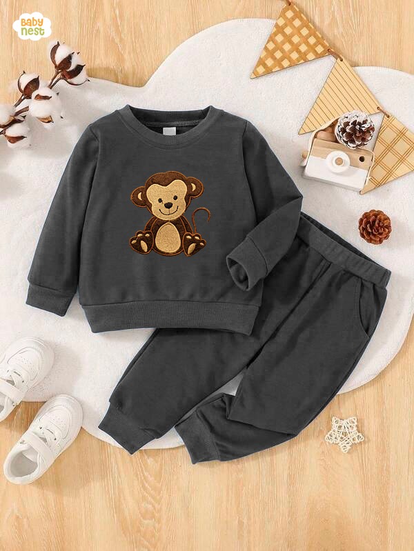 Embroidery Fleece Sweatshirt with Sweatpants – Monkey – Grey – Kids Wear 2 Pc Set