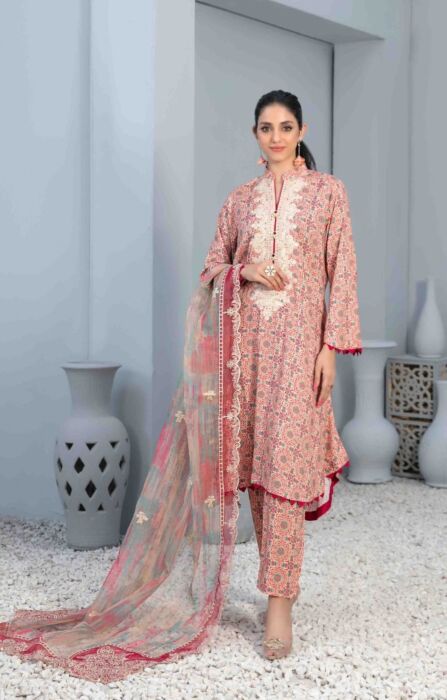 FAHA Embroidered Linen Digital Printed 3pcs - Fancy Dupatta Collection 2023 - D 8030