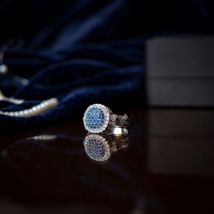 SQUARE STUDDED BLUE ZIRCON RING YKL Jewellers Ring Collection