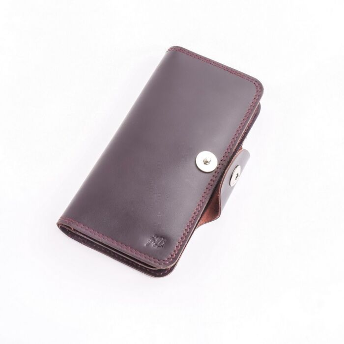 Tri-Fold Pure Leather Long Wallet With Button Closure-BURGUNDY Womens Wallet