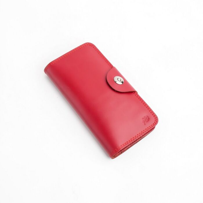 Tri-Fold Pure Leather Long Wallet With Button Closure-RED Womens Wallet