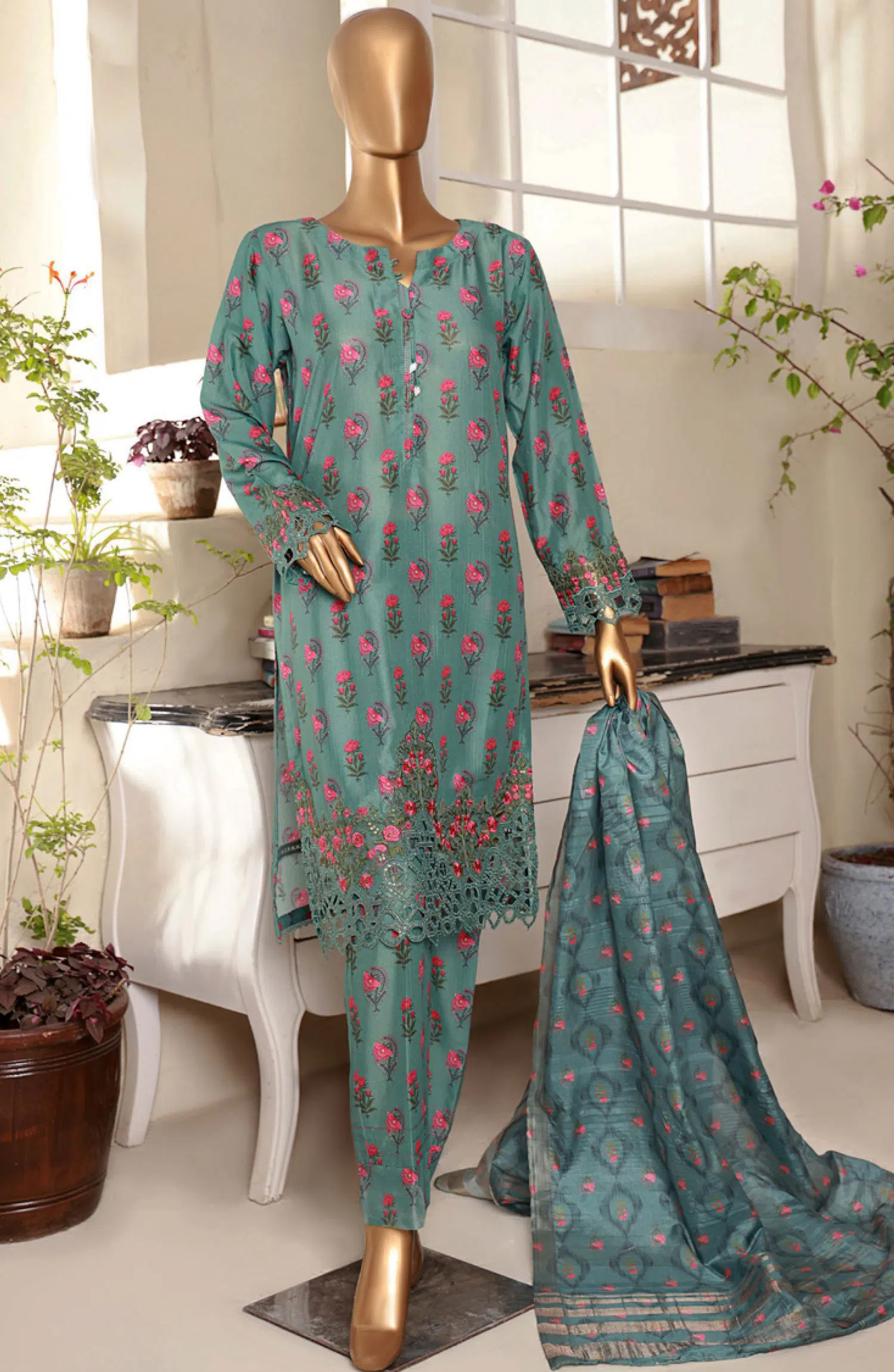 Florence Festive RTW Printed Embroidered Raw Silk Collection 2024 - FRE-01 SEA GREEN