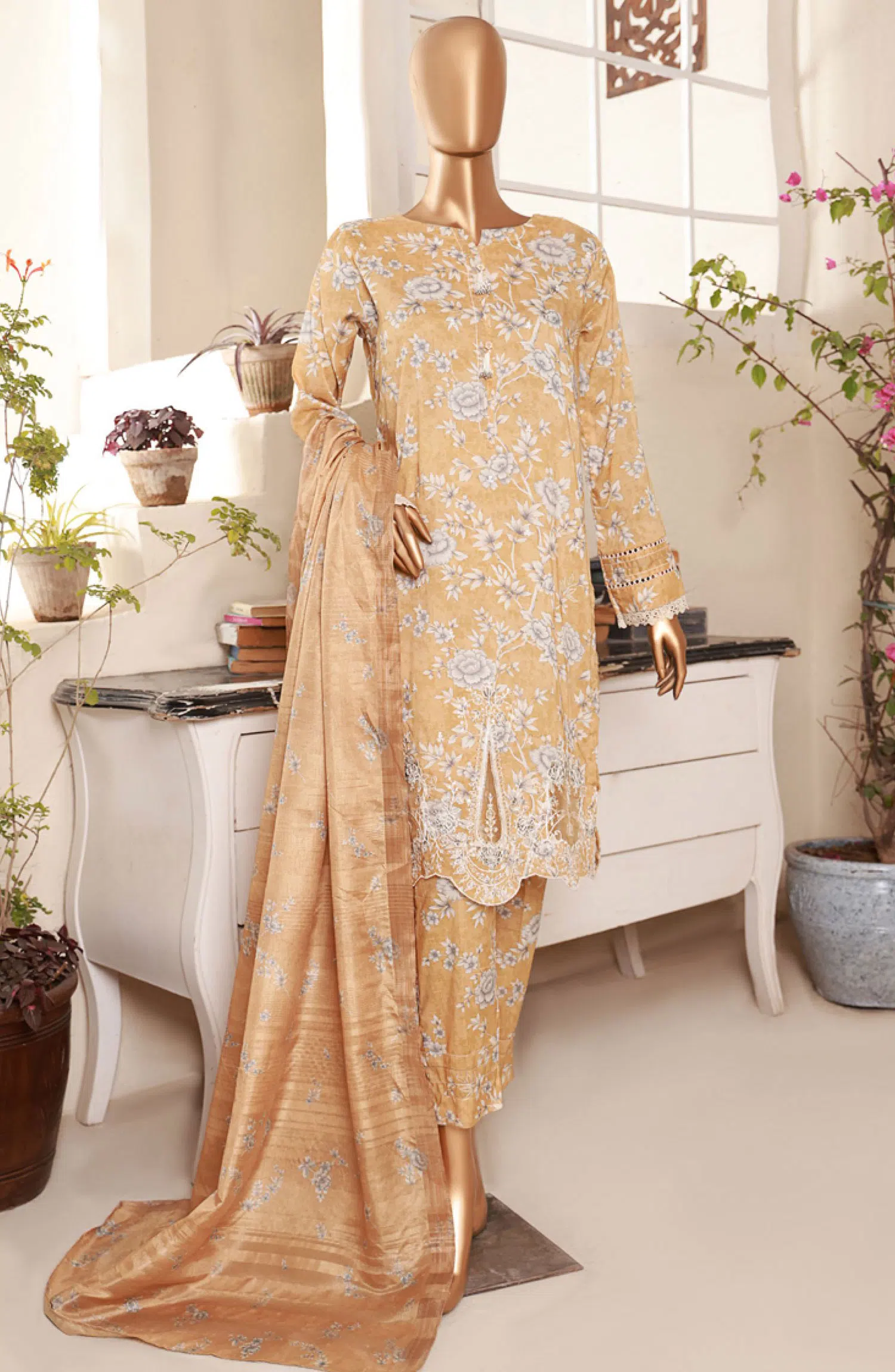Florence Festive RTW Printed Embroidered Raw Silk Collection 2024 - FRE-03 DULL YELLOW