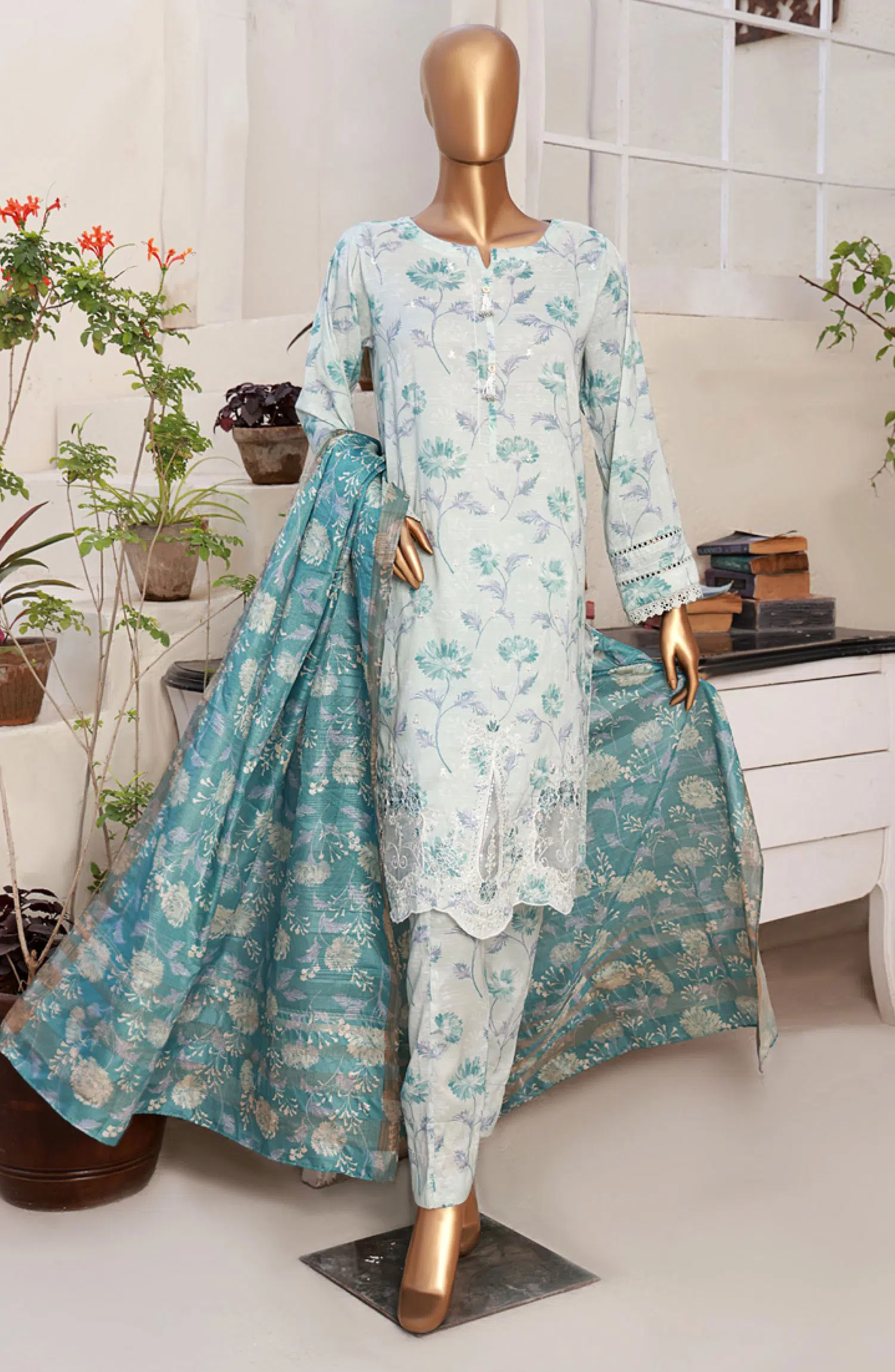 Florence Festive RTW Printed Embroidered Raw Silk Collection 2024 - FRE-04 LIGHT BLUE