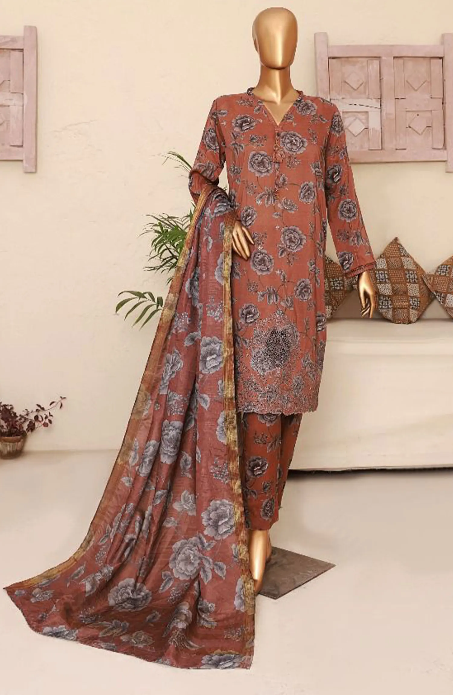 Florence Festive RTW Printed Embroidered Raw Silk Collection 2024 - FRE-05 CHOCOLATE BROWN