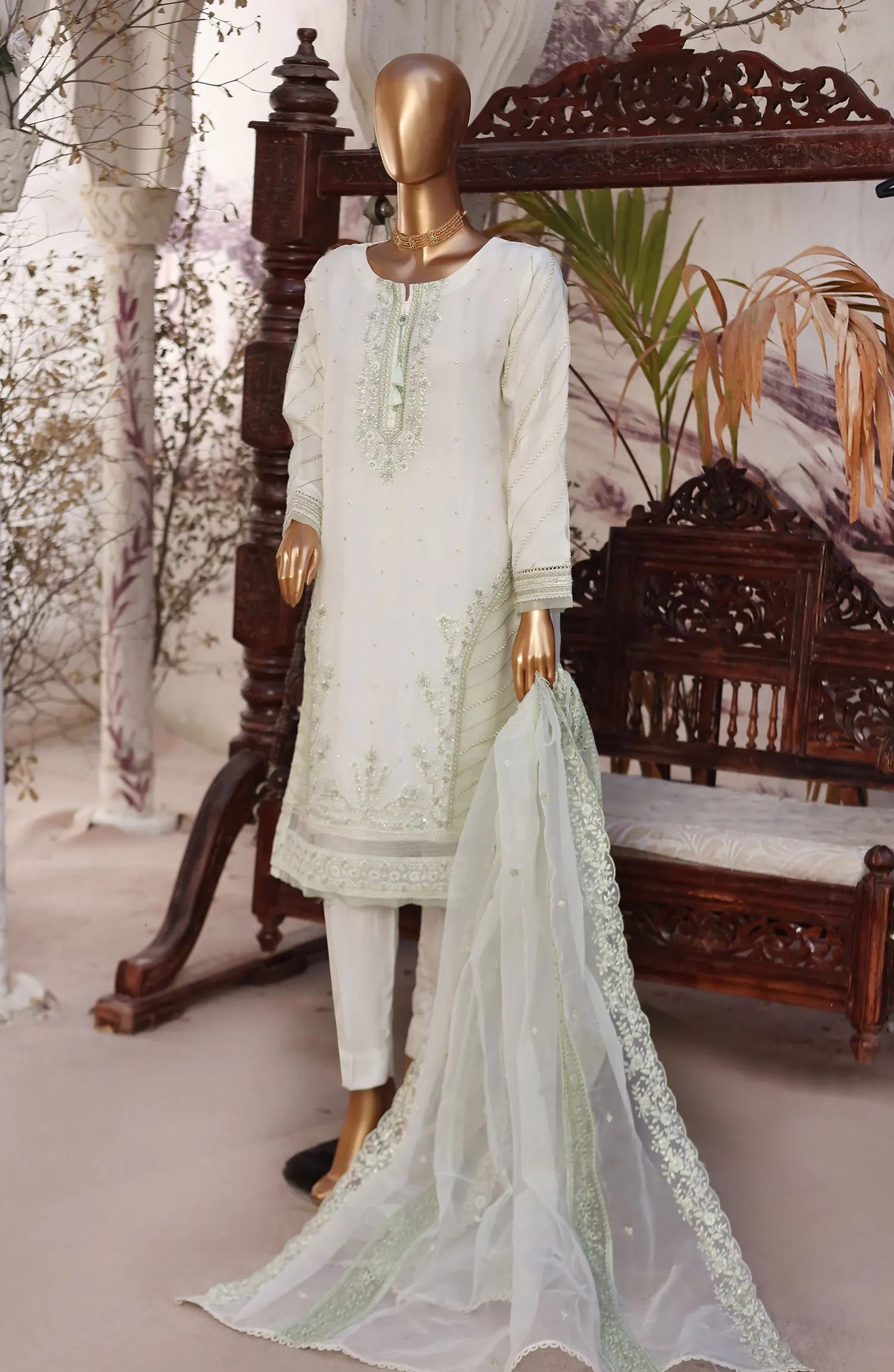 FalSafaa RTW Formal Embroidered Organza Collection 2024 - HZK-97 CREAM