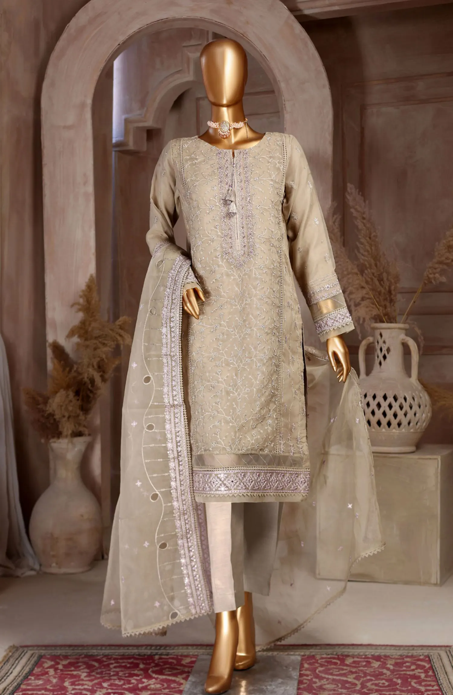 HZ RTW Falsafaa Formals Embroidered Organza Collection Vol 02 - HZK 160 CAMEL BROWN