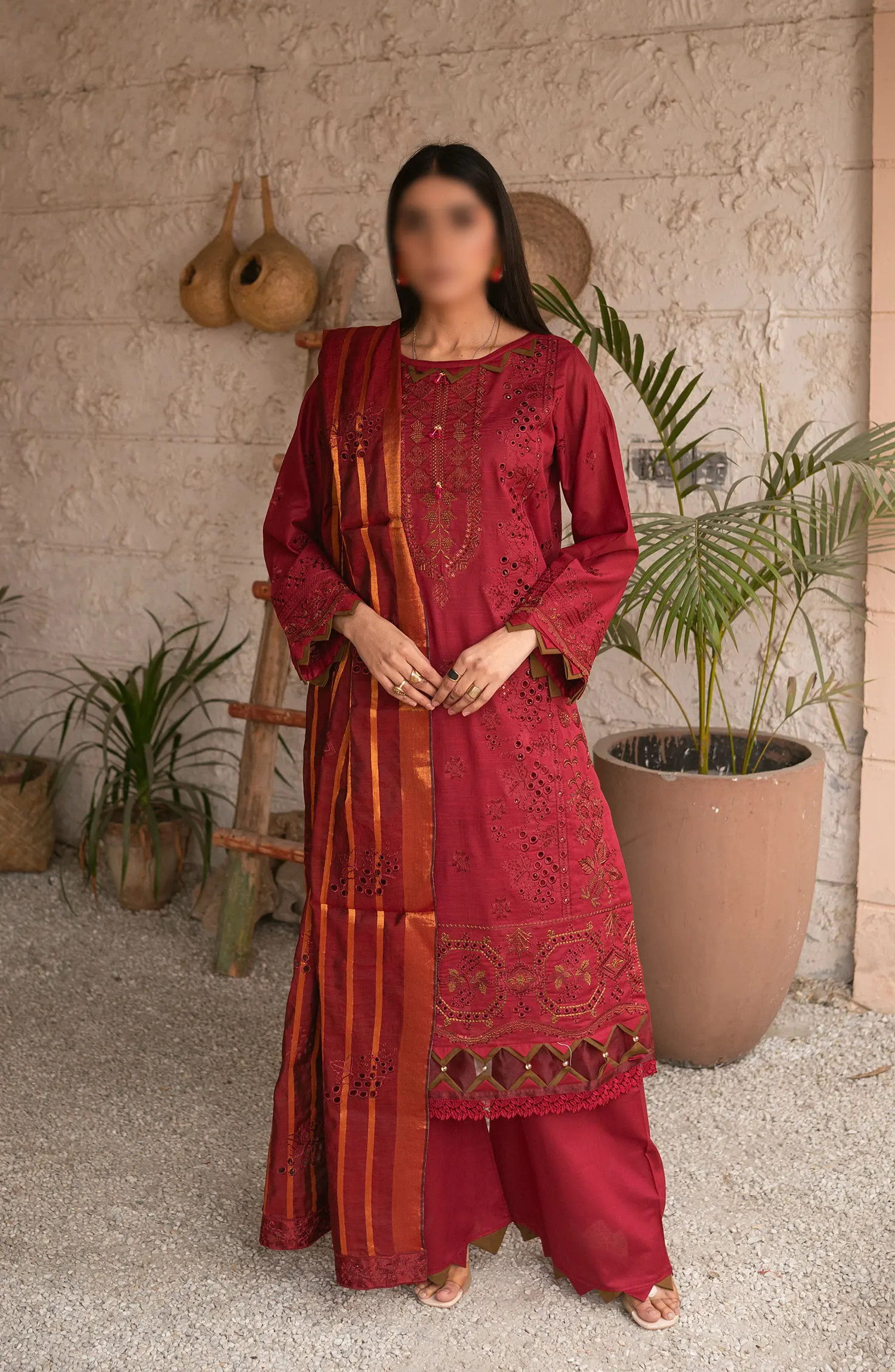 Emb Lawn Collection with Emb Jacquard Dupatta Collection by Marjjan - MNC-175 (RED)