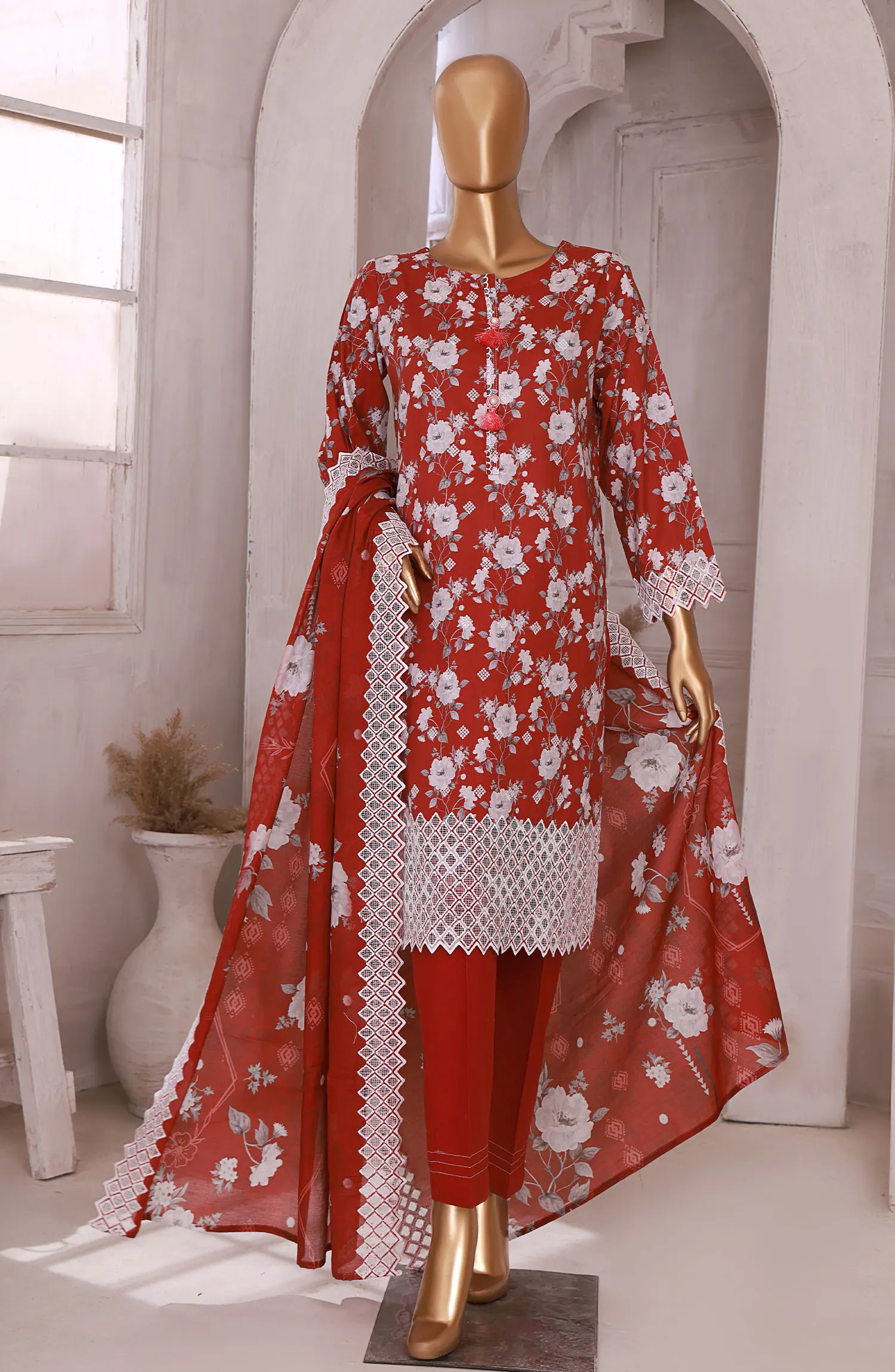 HZ RTW Printkari Embroidered Lawn Collection 2024 - PKL 401 DULL RED