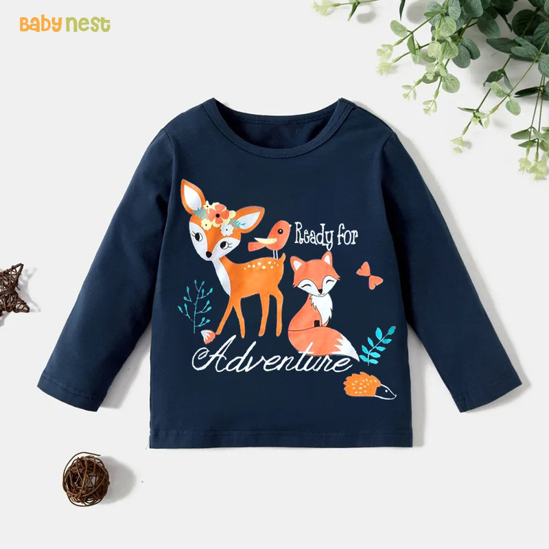 Printed Fox Deer Ready for Adventure Full Sleeves T-Shirts for Kids – Navy Blue