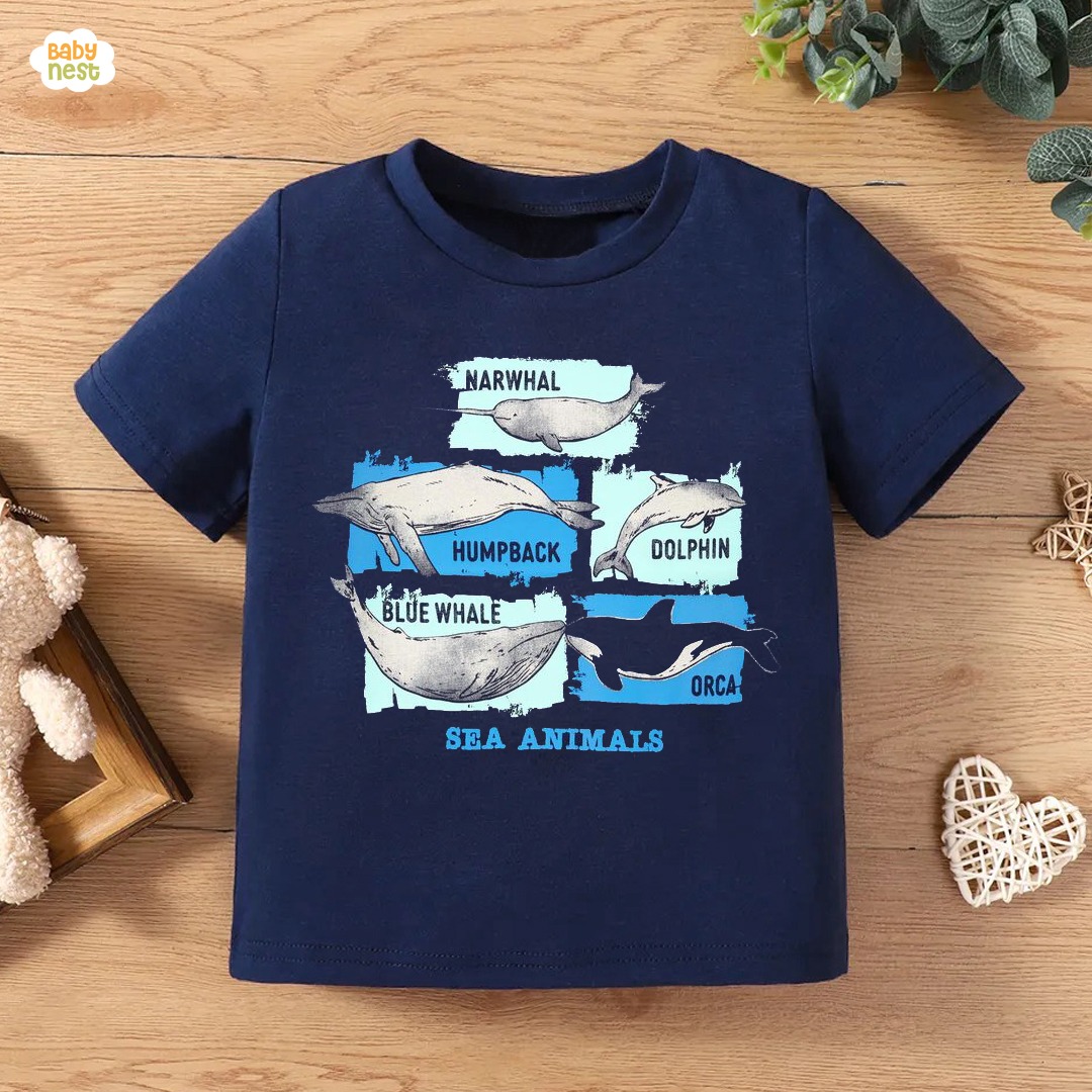 Sea Animals Half Sleeves T-shirt For Kids – Navy Blue – SBT-339