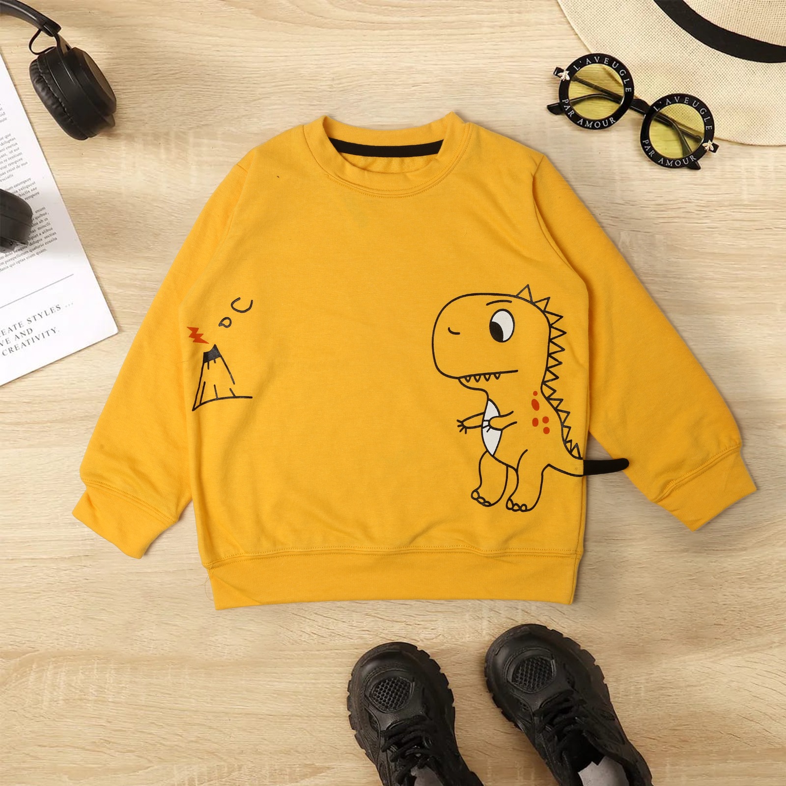 Dino Terry Terry Sweatshirt for Kids with 3d tail - Yellow